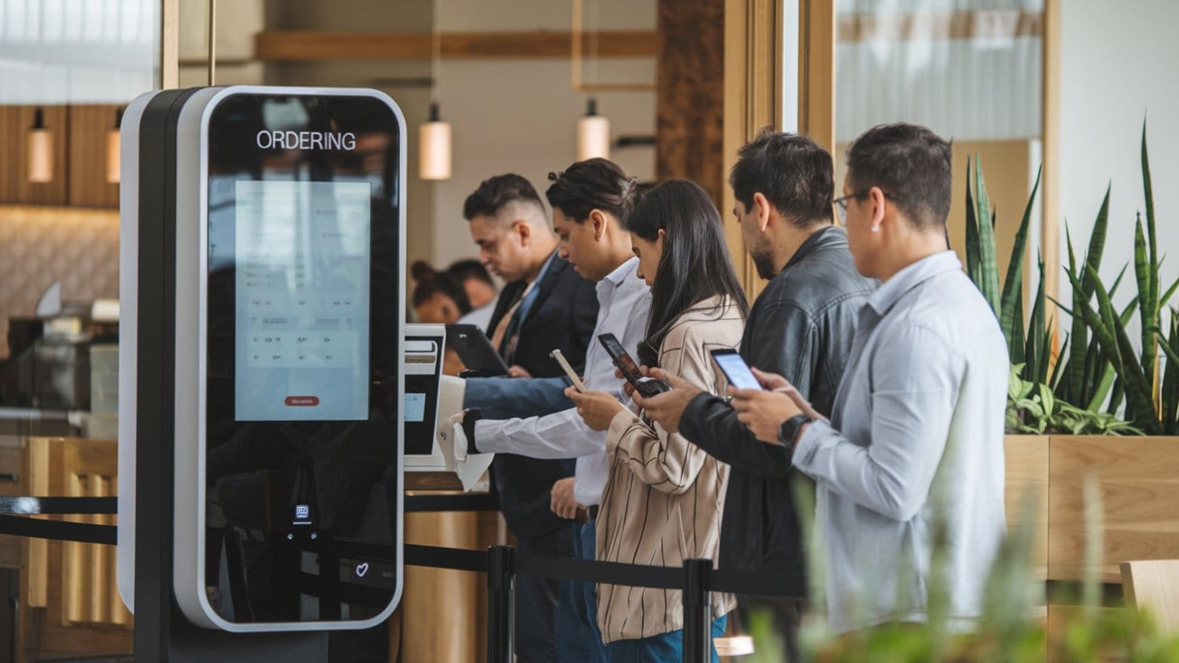 a-photo-of-customers-in-a-restaurant-using-a-self-ordering-kiosk-machine