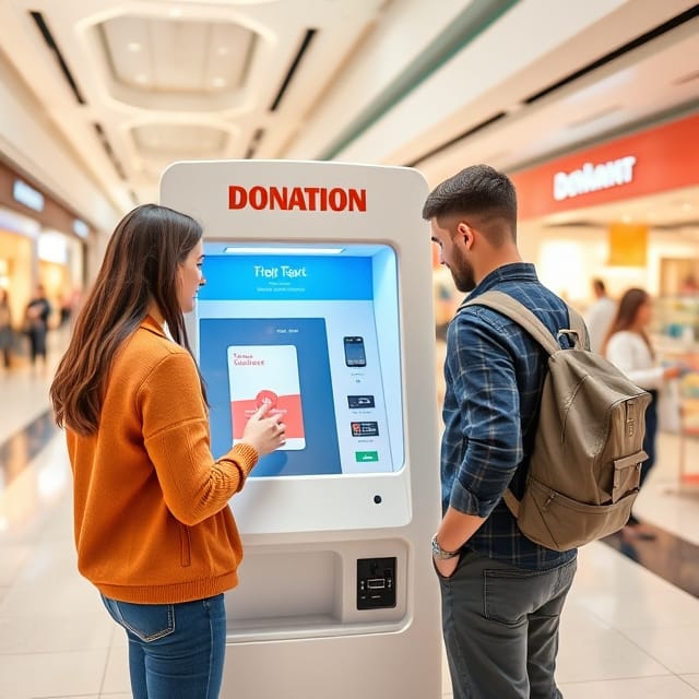 one-man-and-woman-using-donation-kiosk-machine-in-a-retail-shop
