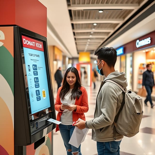 one-young-man-and-woman-using-donation-kiosk-machine-in-a-retail-shopping-mall