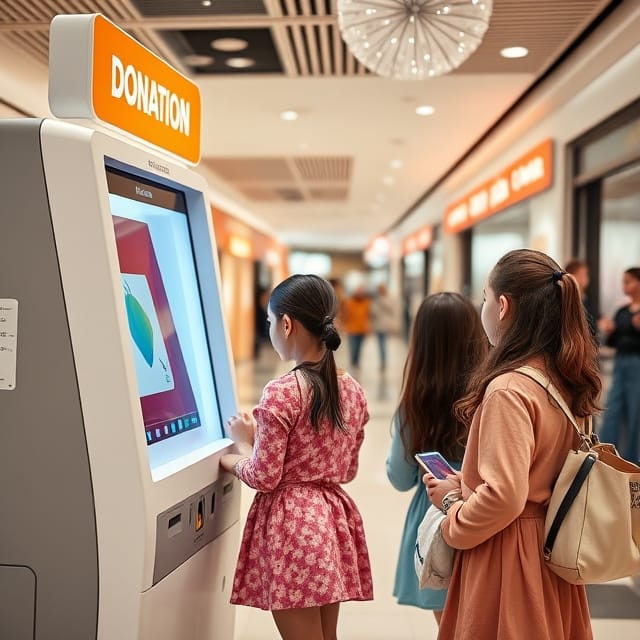 three-young-girls-using-donation-kiosk-machine